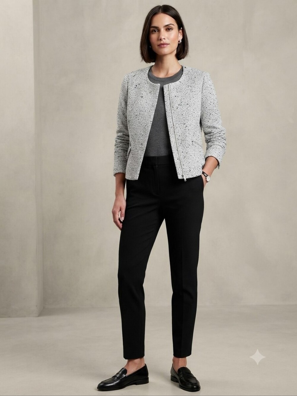 Banana Republic Tweed Gray Moto Zip Blazer Jacket Size 14 Lined Zip Sleeves